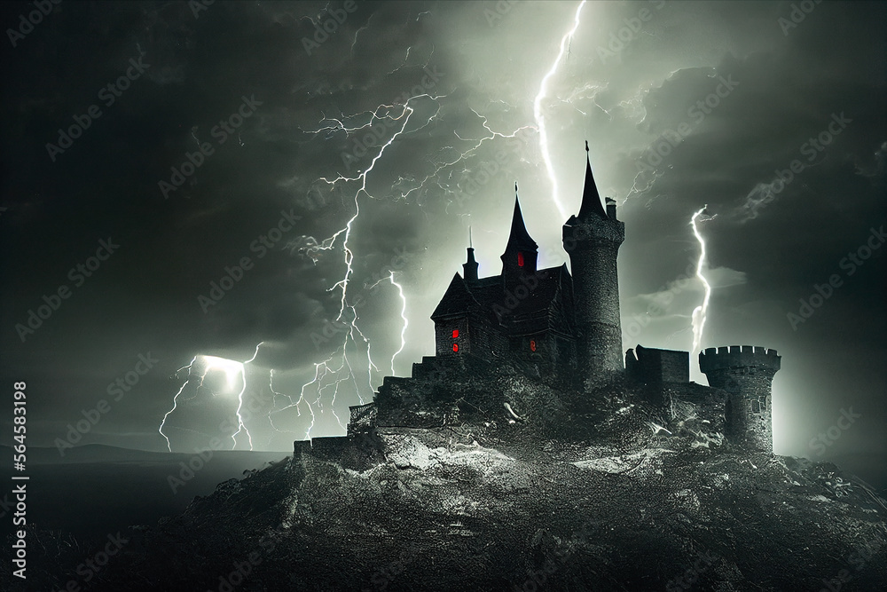 A dark, Gothic castle stands tall in a thunderstorm, with burning ...