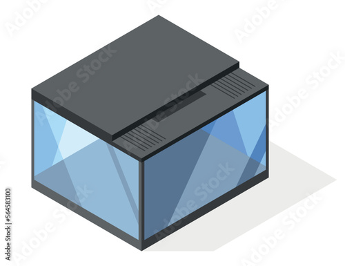 Isometric aquarium in modern minimalistic style. Transparent acrylic, plastic or plexiglass box for exhibit. Vector illustration empty clear glass showcase on white background