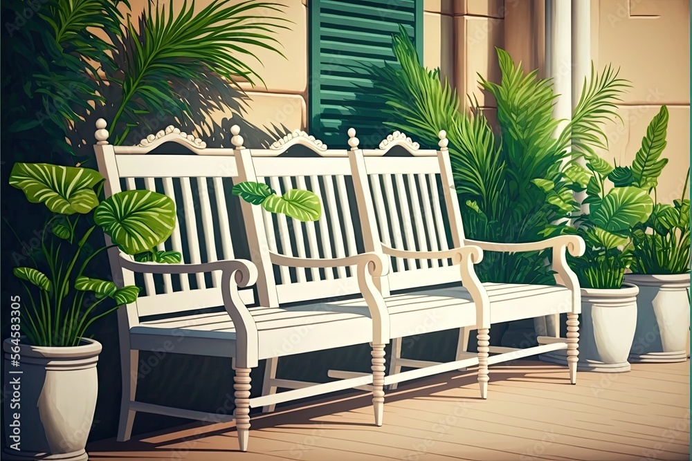 Armchairs bench furniture exterior on the terrace patio garden. Palm trees and relax yard. Backyard landscape. Sunny hot day in a tropical garden hotel outdoor generative ai