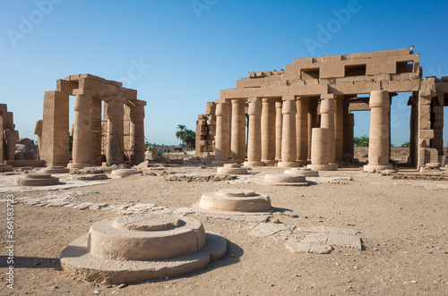 Ramesseum temple column bases, Ruined structures of memorial temple (or mortuary temple) of Pharaoh Ramesses II in Theban Necropolis near Luxor in Upper Egypt