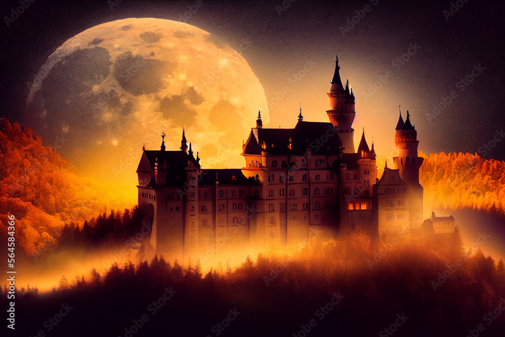 A dark and ominous Gothic castle stands tall amidst a raging thunderstorm. Burning lights flicker in the windows, adding to the eerie and foreboding atmosphere. The full moon casts an otherworldly glo
