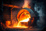 pouring of liquid metal in metallurgical open hearth furnace, heavy industry