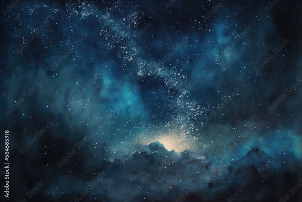 Hyperealistic starry night sky that is dark and blue. abstract watercolor of the universe generative ai