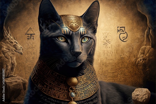 cat as egyptian pharaoh hieroglyphs on background illustration generative ai photo