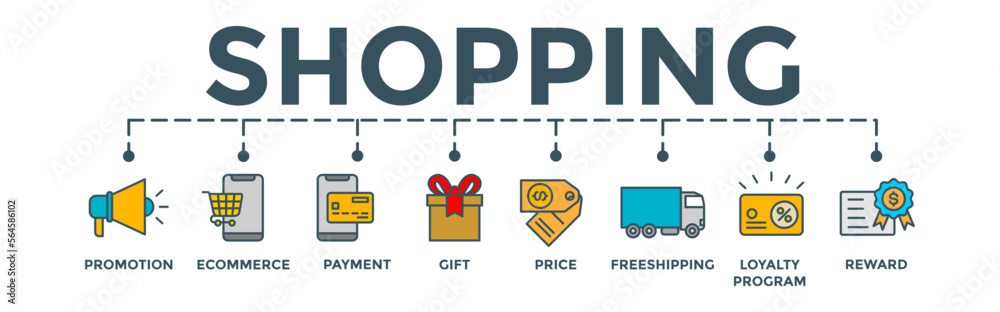 Shopping concept illustration. Editable vector banner web with icon of promotion, ecommerce, payment, gift, price, free shipping, loyalty, reward. Shopping concept illustration. Editable vector banner web with icon of promotion, ecommerce, payment, gift, price, free shipping, loyalty, reward.