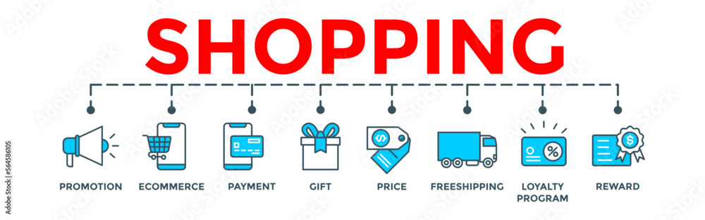 Shopping concept illustration. Editable vector banner web with icon of promotion, ecommerce, payment, gift, price, free shipping, loyalty, reward. Shopping concept illustration. Editable vector banner web with icon of promotion, ecommerce, payment, gift, price, free shipping, loyalty, reward.