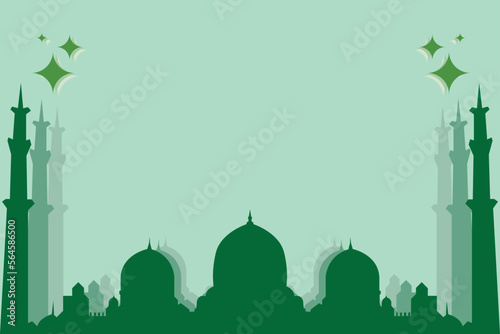 Vector graphic of green mosque Ramadan background with large empty space suitable for banner, congratulation, greeting card, words, etc.