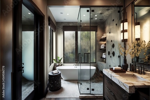 Luxurious spa-like bathroom with a glass-enclosed shower and a soaking tub generative ai