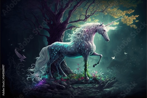 "Magical Forest" - Create an enchanted forest scene featuring mythical creatures, such as fairies or unicorns, and magical plants and trees generative ai © 3D Station