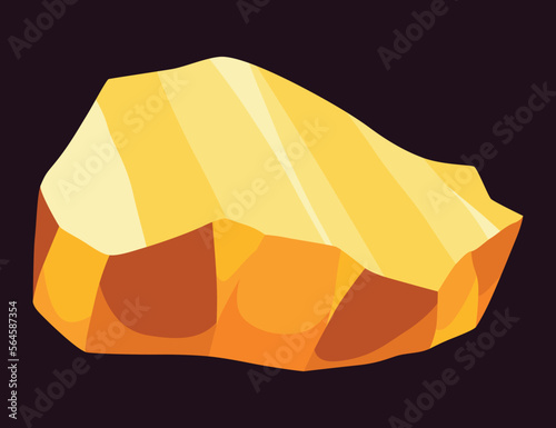 Gold mine nuggets. Precious ore mining object. Golden game UI stone kit, cartoon treasure amber rock isolated on black. Vector icon of polygon boulder, yellow metal