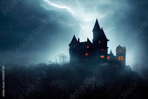 A spooky Gothic castle amidst a thunderstorm with burning windows, creating a Halloween-like atmosphere. Full moonlight and flowing water add to the eerie ambiance.