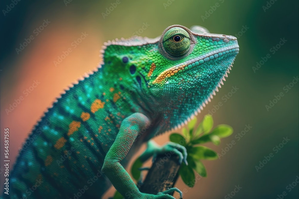 Green colored chameleon close up. Generative AI. Green colored chameleon close up. Generative AI.