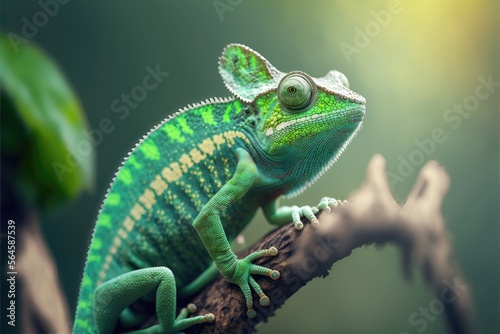 Green colored chameleon close up. Generative AI. 