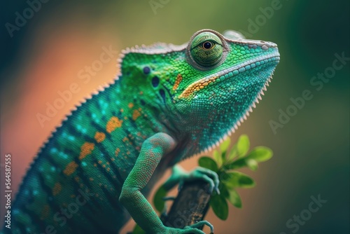 Green colored chameleon close up. Generative AI.  © AdriFerrer