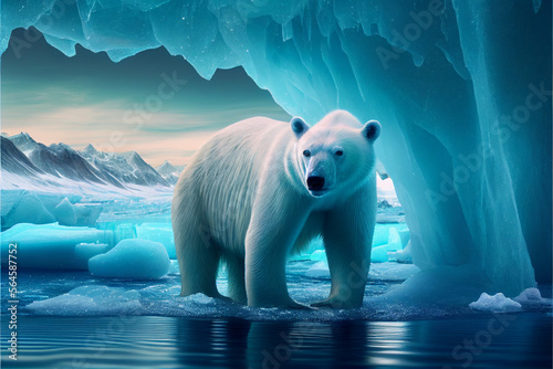 Polar bear on an ice floe against the background of icebergs. AI generated