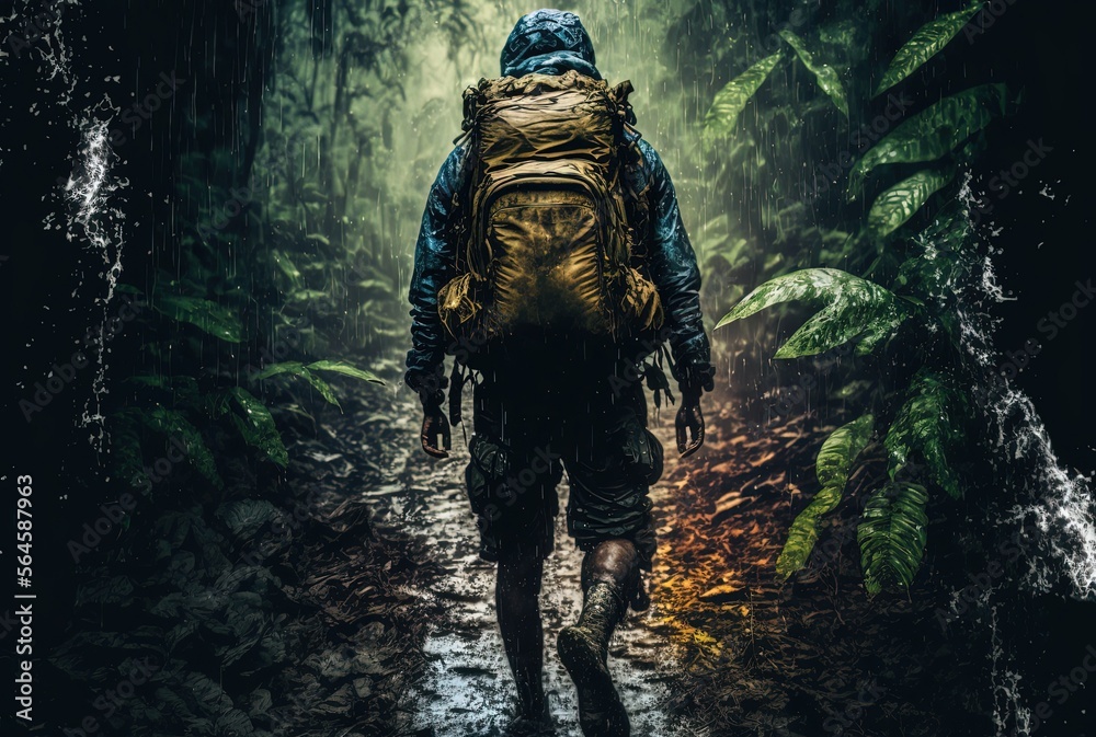 Fototapeta premium a person woman or man go trekking in jungle, generative Ai