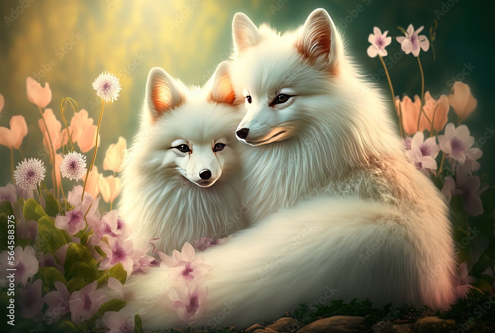 cute animal lover cuddle hug each other in blossom flowers field in dreamy fantasy spring time, idea for family love atmosphere or Valentine's day background wallpaper, white fox Generative Ai