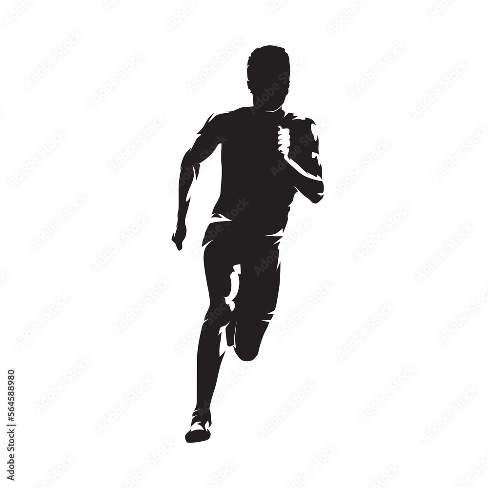 Running man, isolated vector silhouette, ink drawing. Run, front view male runner