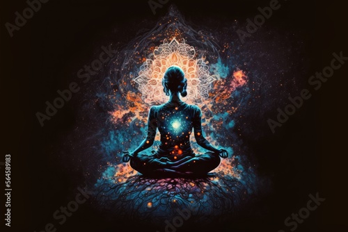 Woman sitting in yoga lotus pose and her connection to space generative ai