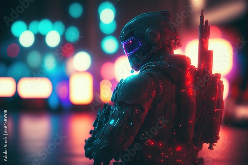 Armed super soldier with supersonic gun in the cyber city. cyberpunk city. cyborg. Robot. Generative AI
