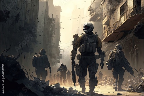 A group of soldiers in exosuits battling in a war-torn city generative ai