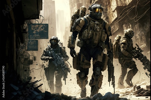 A group of soldiers in exosuits battling in a war-torn city generative ai