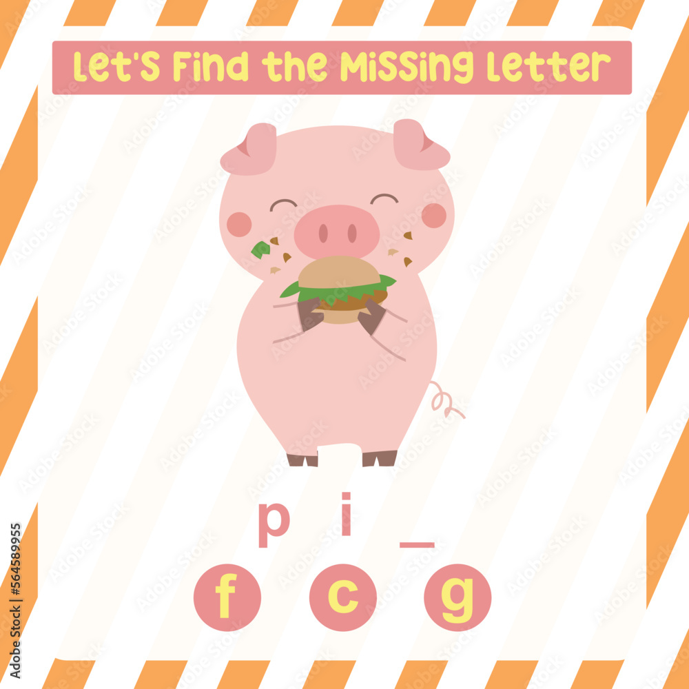 Cartoon a pig eating burger. Educational spelling game for kids. Complete the missing letters for animal farm name in English. Kids educational worksheet. Cartoon a pig eating burger. Educational spelling game for kids. Complete the missing letters for animal farm name in English. Kids educational worksheet.