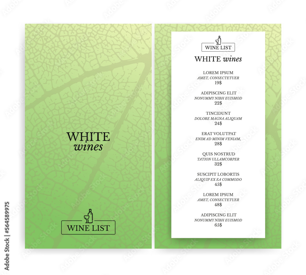 Wine list template with vine leaf texture background. White wine