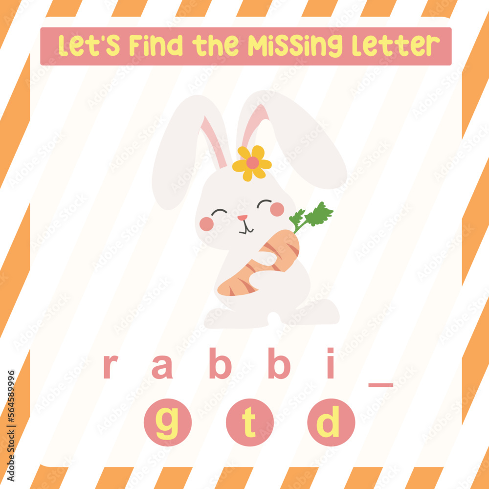 Fototapeta premium Cute cartoon white rabbit holding a carrot. Educational spelling game for kids. Complete the missing letters for animal farm name in English. Kids educational worksheet.