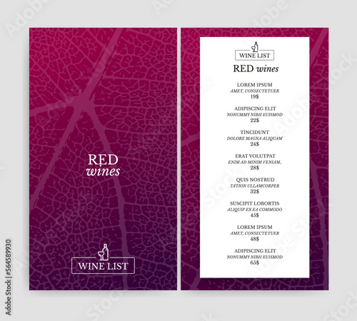 Wine list template with vine leaf texture background. Red wine