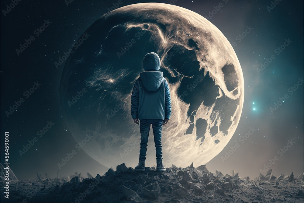  Boy standing on the Moon. digital style. illustration. digital illustration. Digital painting. Generative AI


