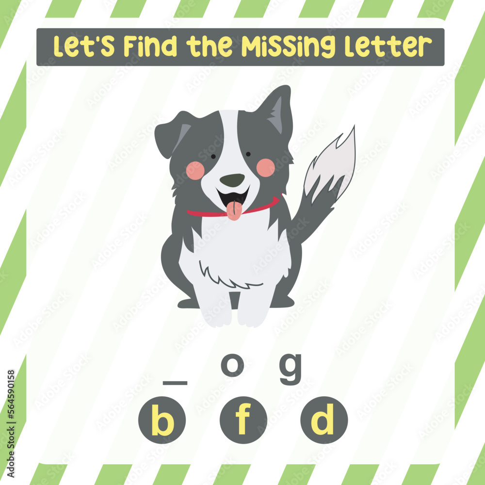 Cute cartoon a dog. Educational spelling game for kids. Complete the missing letters for animal farm name in English. Kids educational worksheet.