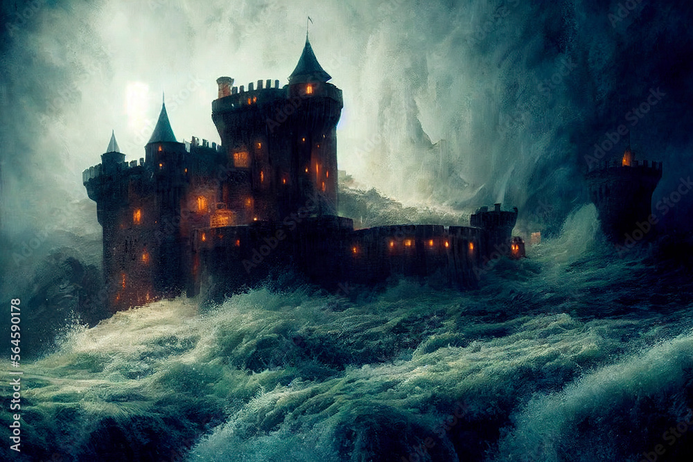 A Gothic castle surrounded by stormy clouds, burning windows creating a spooky atmosphere perfect for Halloween. Moon and flowing water adds to the eerie ambiance.
