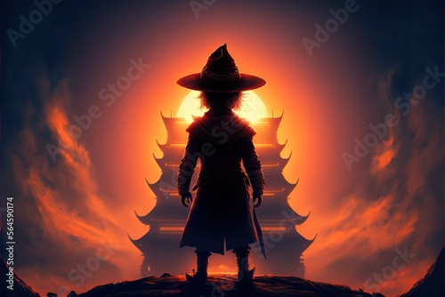 A Samurai boy standing on the field and looking at the tower. digital style. illustration. digital illustration. Digital painting. Generative AI