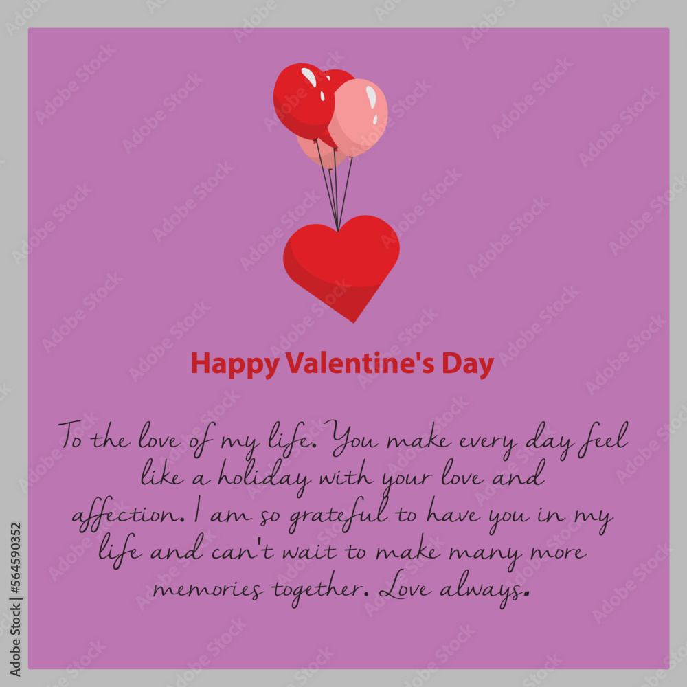 Happy Valentines Day typography card with flying balloons. Romantic poster. Vector paper symbols of love in shape of heart for greeting card design.