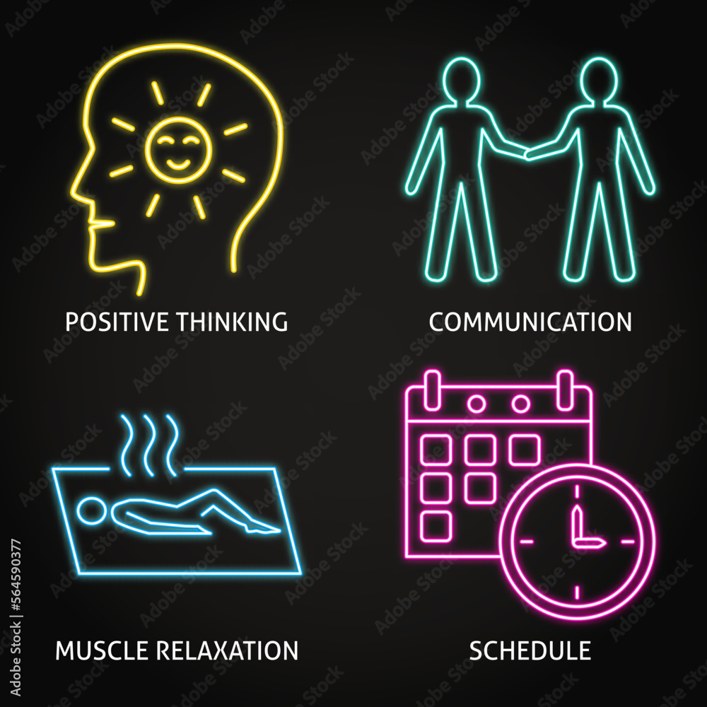 Neon stress management icon set Neon stress management icon set