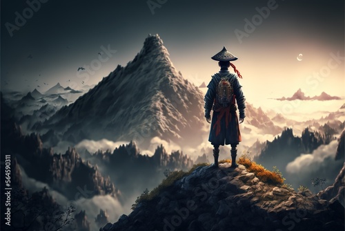  Boy standing on samurai mountain. digital style. illustration. digital illustration. Digital painting. Generative AI