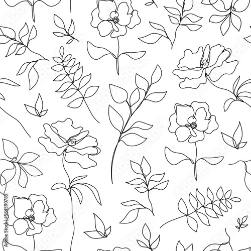 Vector flower linear seamless background, roses and leaves line pattern, hand drawn style. Monoline doodle.