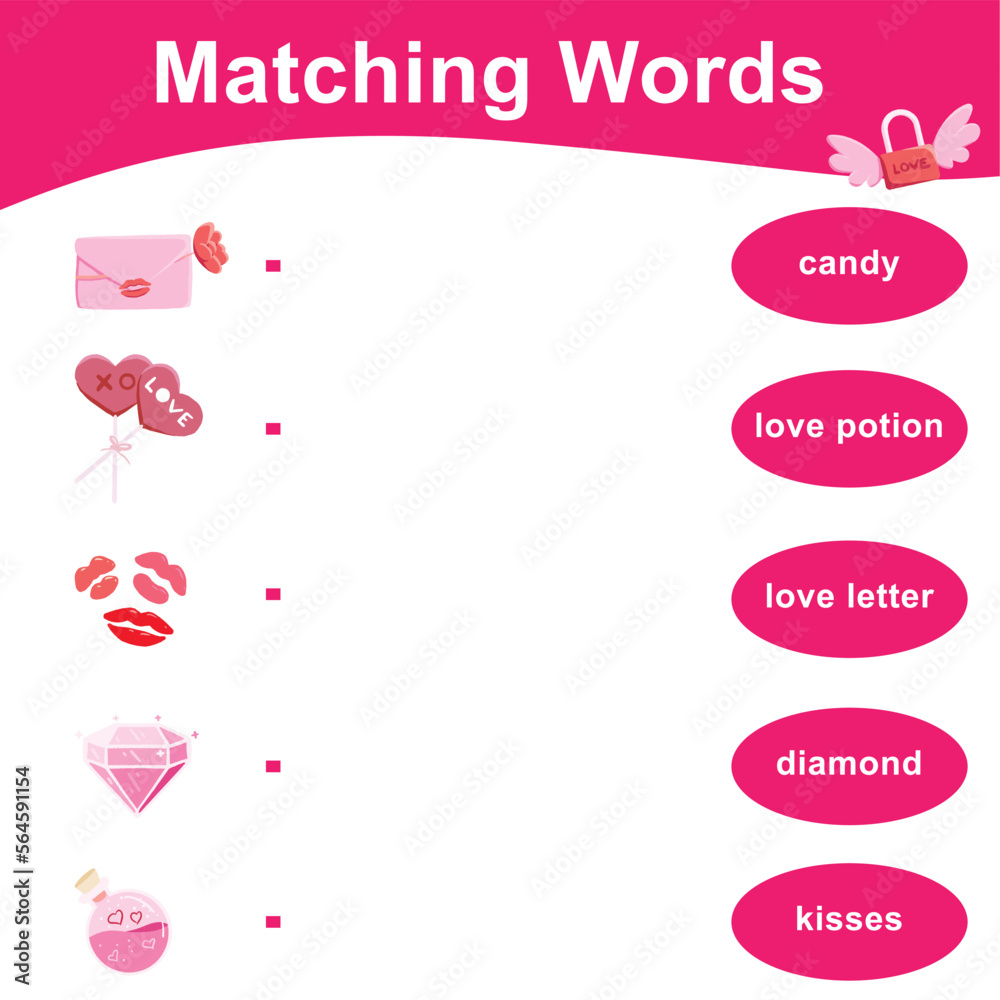 Matching words with images of valentine items. Matching words game for kids. Educational printable game worksheet. Valentine theme. Vector illustrations file.