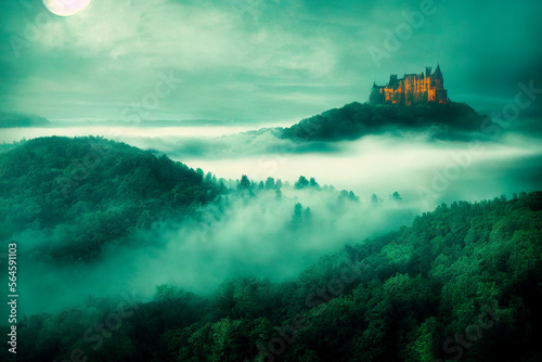 huge castle in the distance on a mountain, green forest, fog, mountains, strange atmosphere, full moon