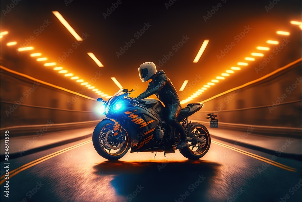Racing Sports bike at high-speed light tunnel exposure mode. A sports bike in the tunnel. tunnel. Generative AI