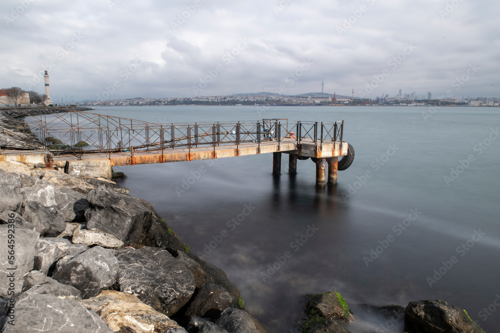Ferry piers in Istanbul. Ahirkapi pier. Long exposure, Bosphorus.