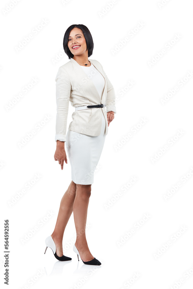 Fashionable, happy and portrait of a classy woman isolated on a white background in a studio. Confident, stylish and body of a corporate and beautiful person with a smile on a studio background Fashionable, happy and portrait of a classy woman isolated on a white background in a studio. Confident, stylish and body of a corporate and beautiful person with a smile on a studio background