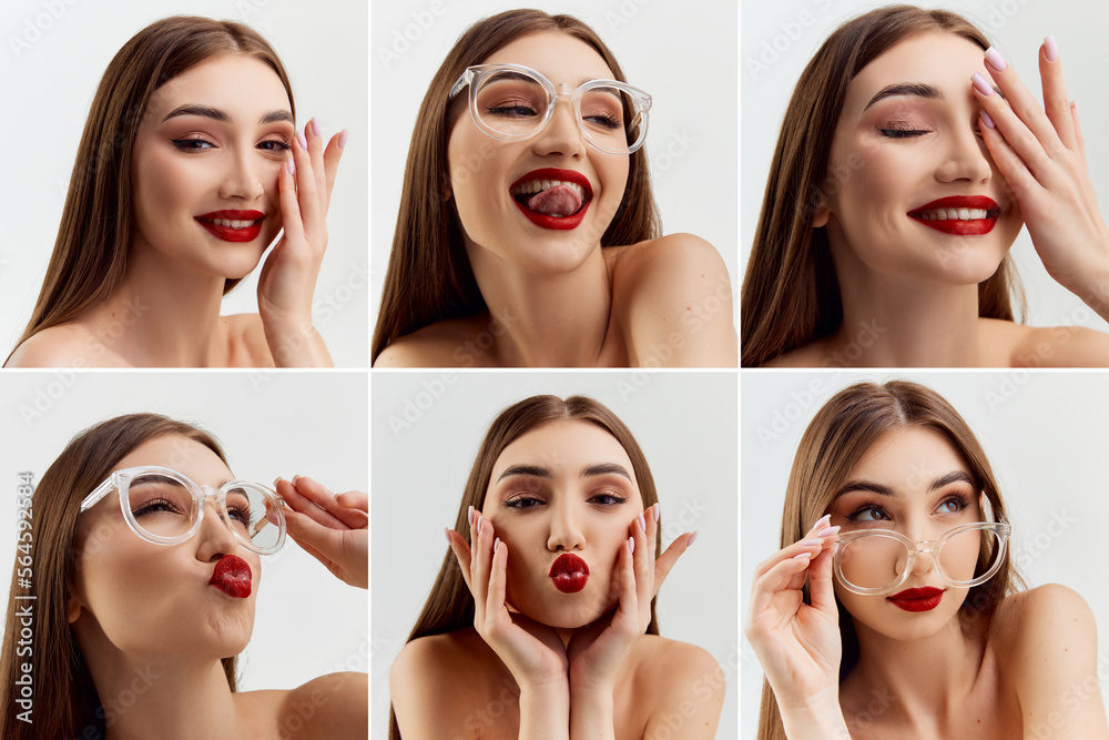 Collage. Young beautiful brunette girl with red lips makeup posing over grey studio background. Emotions. Aesthetics. Concept of natural beauty, youth, fashion, cosmetology, wellness, makeup. Collage. Young beautiful brunette girl with red lips makeup posing over grey studio background. Emotions. Aesthetics. Concept of natural beauty, youth, fashion, cosmetology, wellness, makeup.