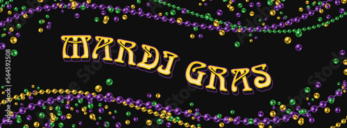 Mardi gras horizontal banner with scattered beads, string of beads, copy space.Vector illustration for advert of event. Layout, template for social media, web sites. Social media header size