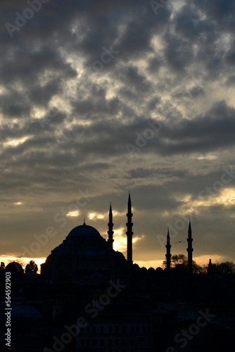 Silhouette Suleymaniye Mosque in Sunset City. İstanbul Turkey.