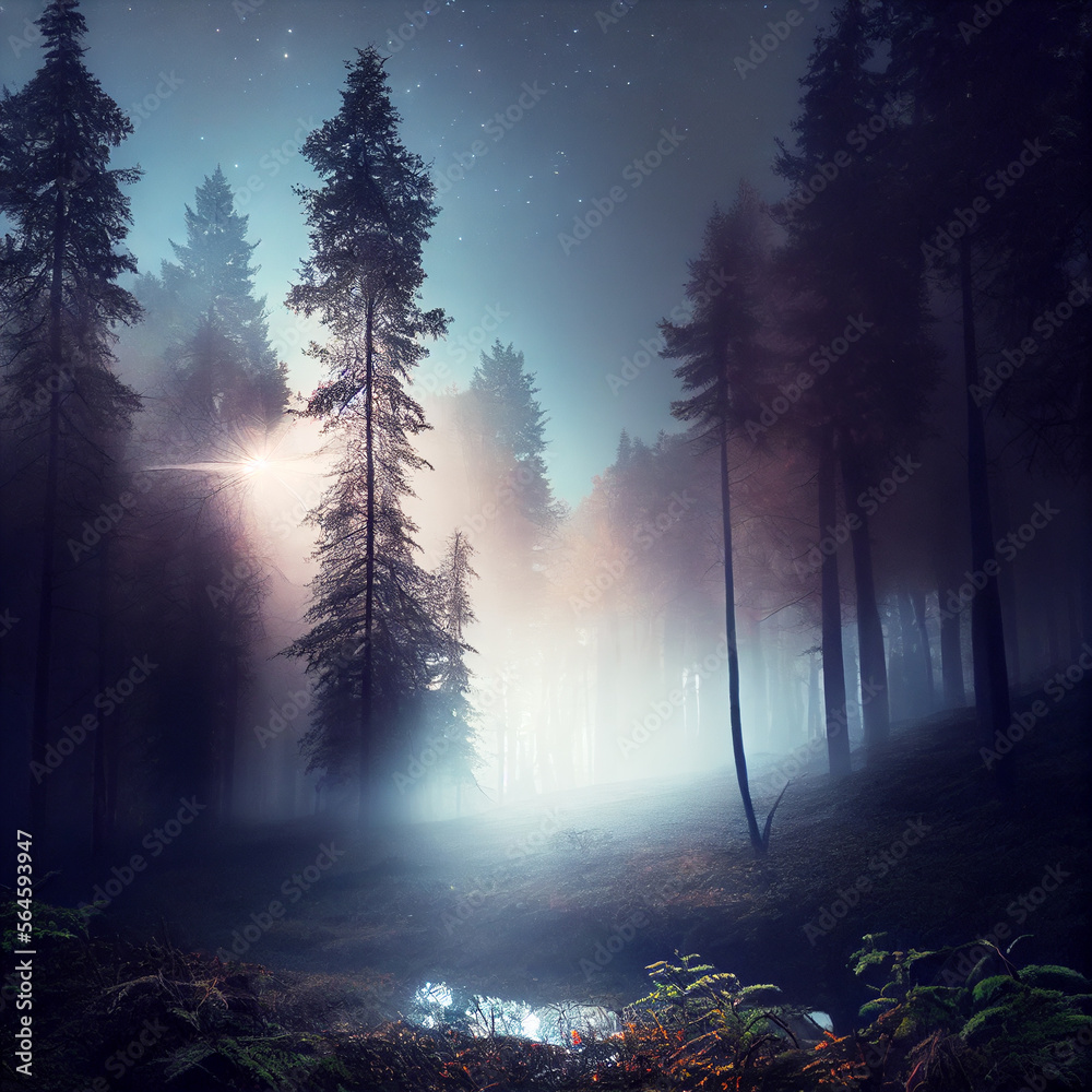 Fototapeta premium Foggy forest, created with Generative AI technology.