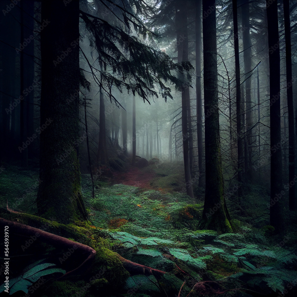 Foggy forest, created with Generative AI technology.