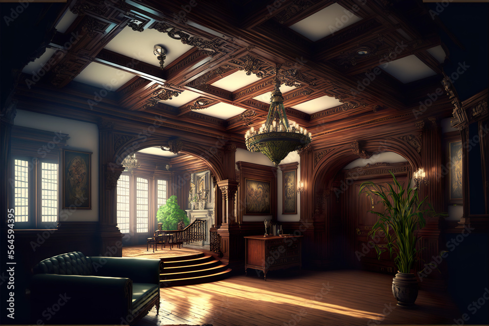 Dark victorian ceiling in gothic castle hall interior with wooden walls, beams and gloomy atmosphere - obrazy, fototapety, plakaty 
