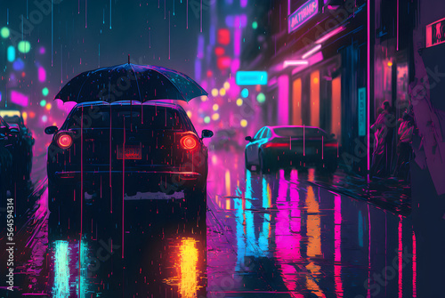 Night city street in cyberpunk style painted neon lights generative ai